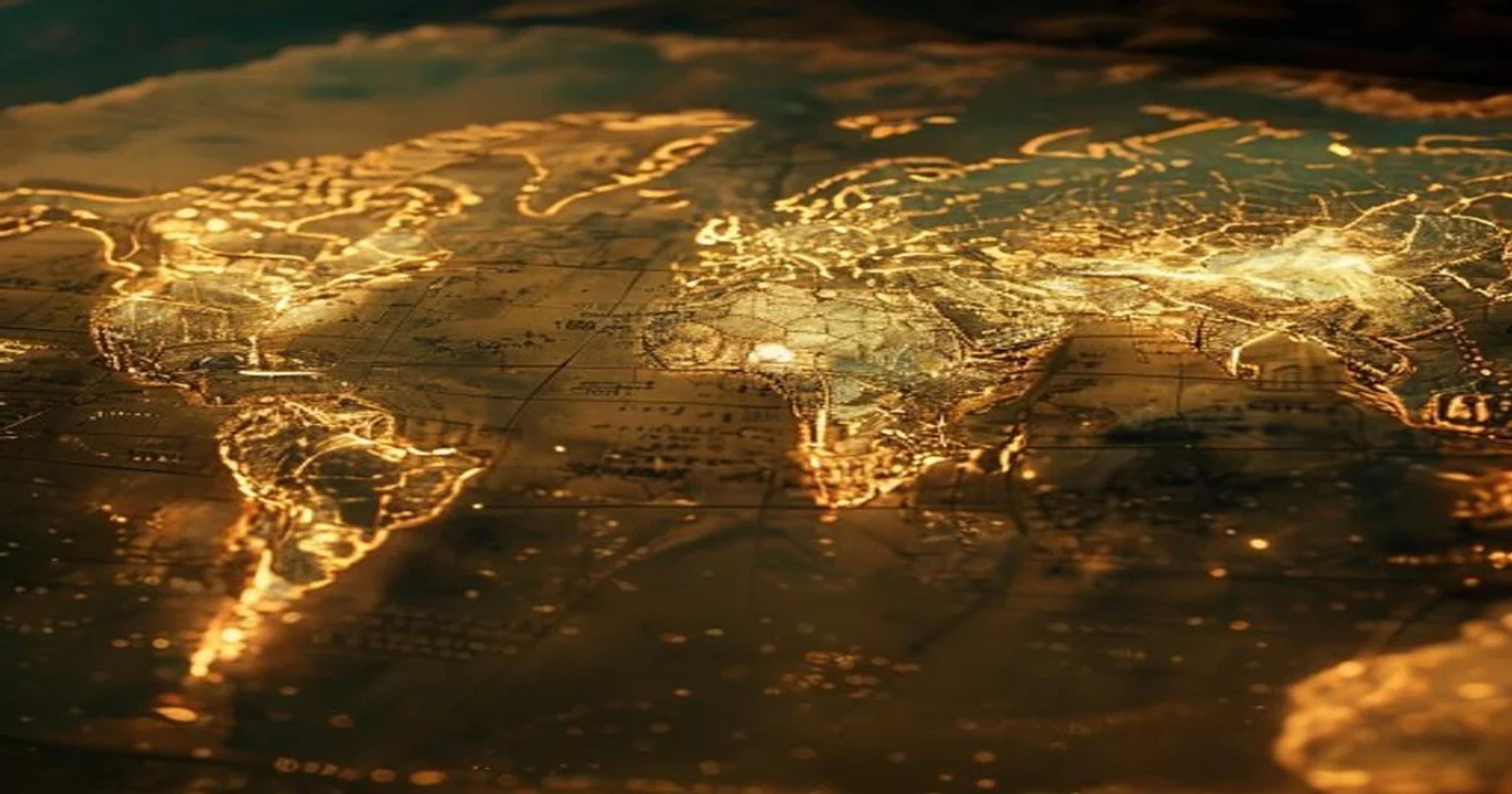 An AI visualization of digital neural networks reconstructing an antique historical map.