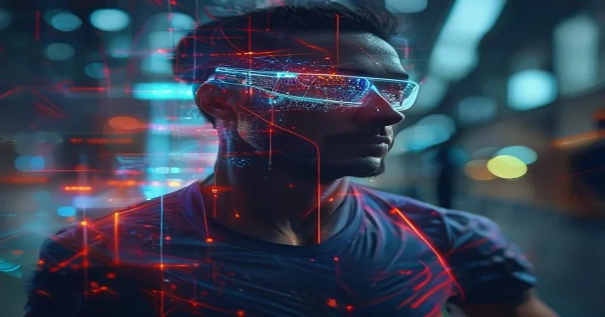 An amateur athlete training with an AI augmented reality coaching interface in a public park.