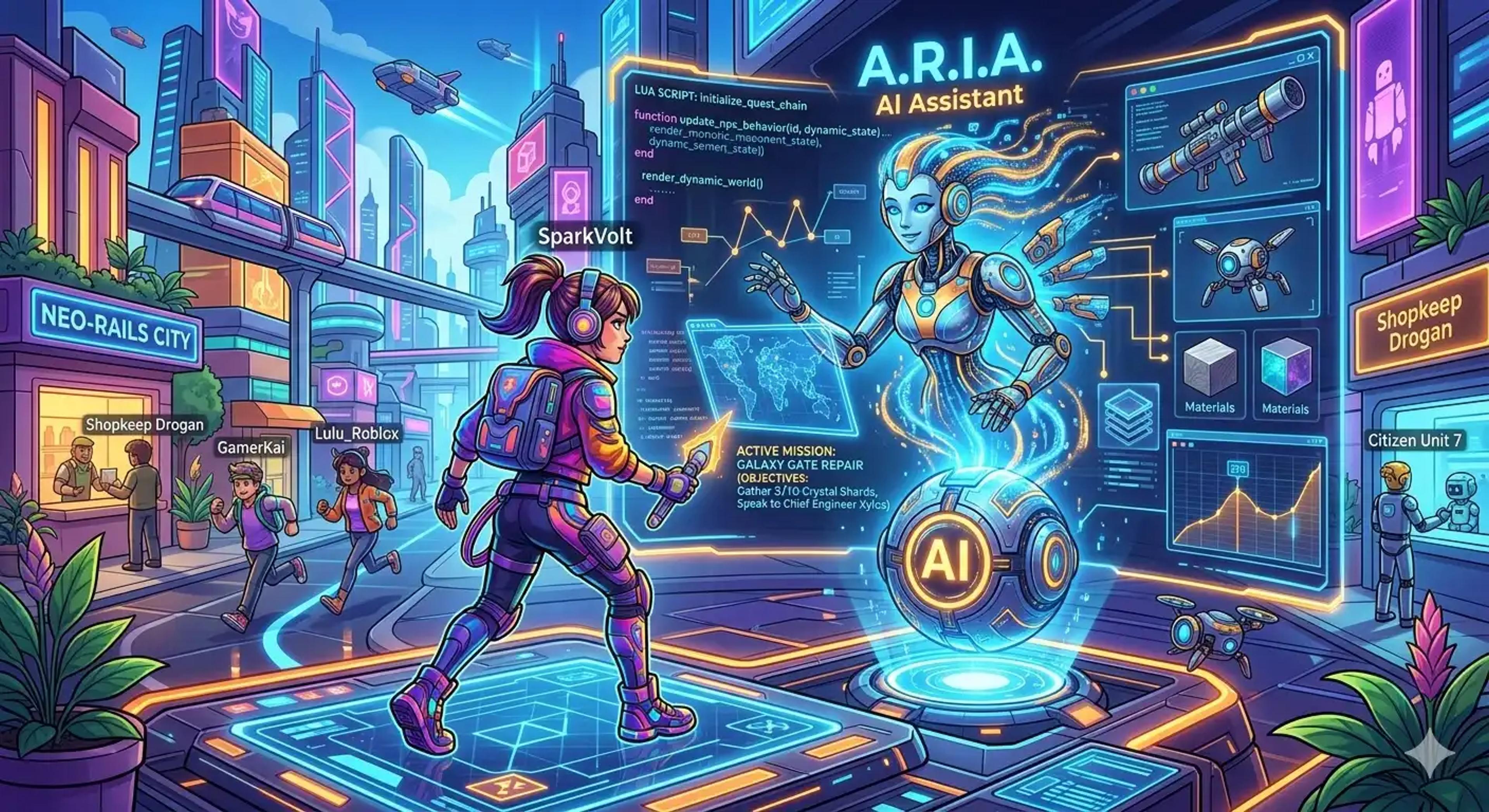 Roblox player using AI tools to design a game world with adaptive NPCs and AI-assisted scripting