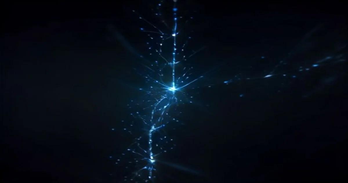 A futuristic digital visualization of DNA sequences forming a genealogical network for forensic analysis.