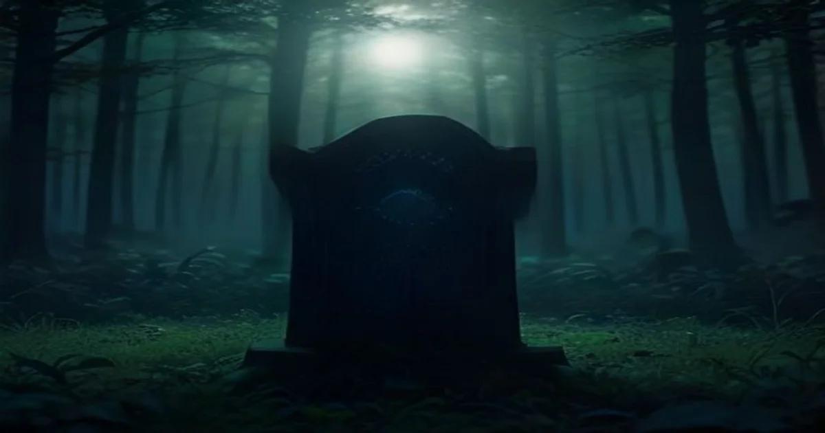 A futuristic glowing holographic epitaph in a peaceful cemetery setting