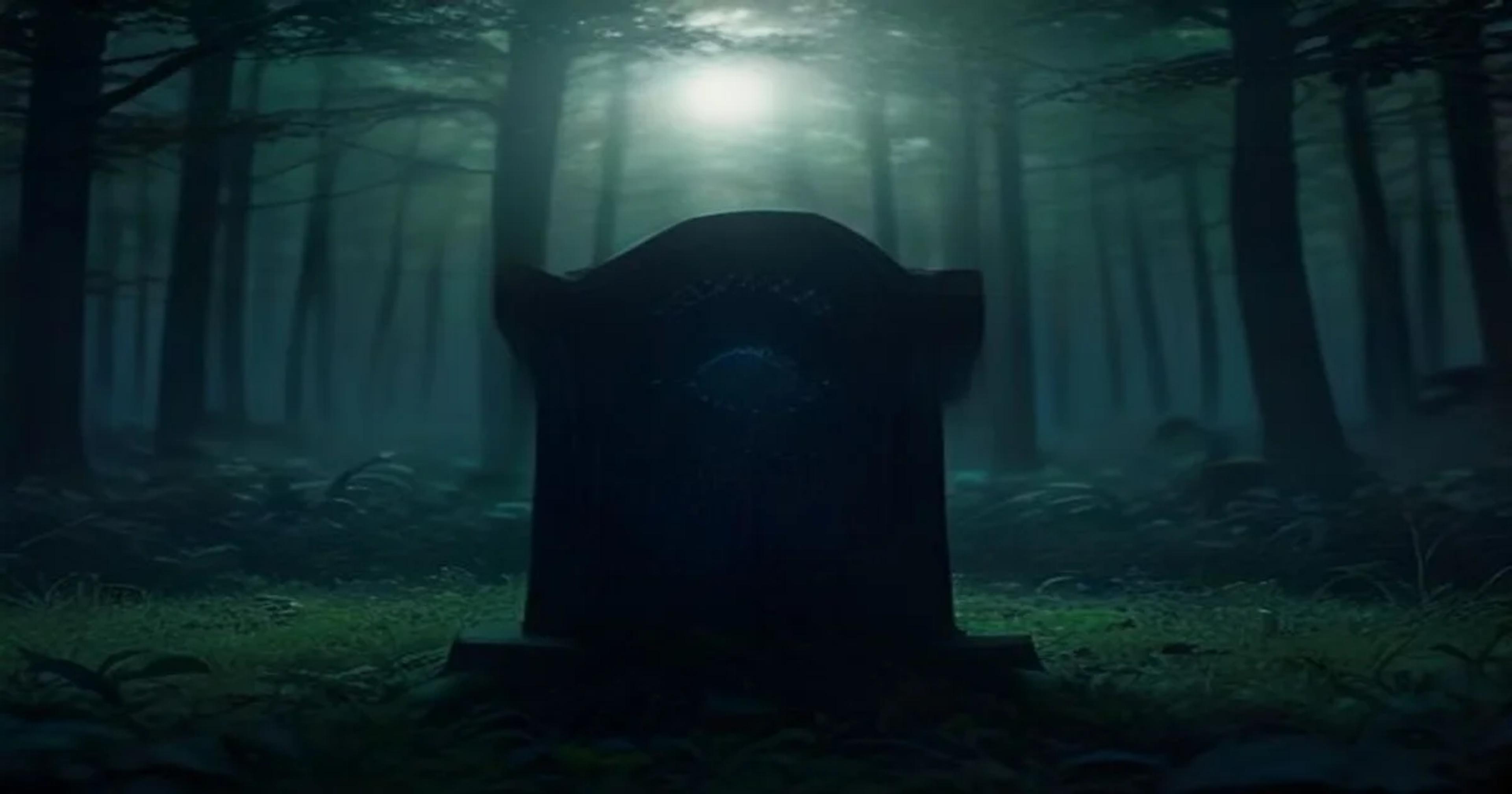 A futuristic glowing holographic epitaph in a peaceful cemetery setting