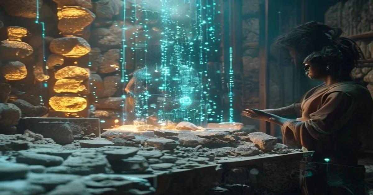 AI technology reconstructing ancient cultural artifacts through digital light projections.