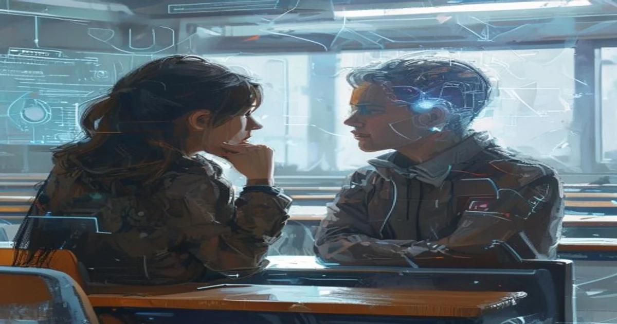 A student and teacher contemplating the role of AI in a modern classroom setting.