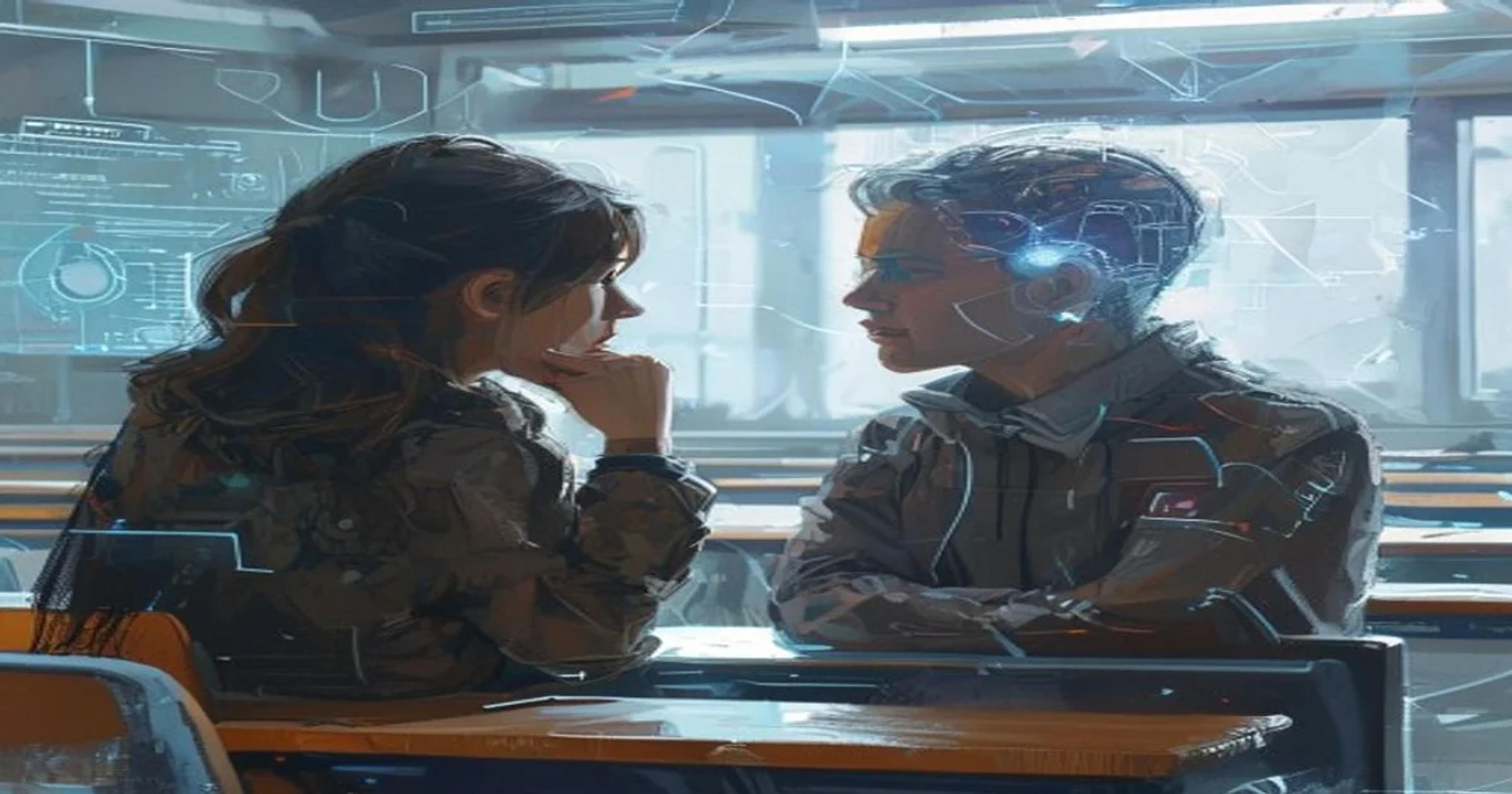 A student and teacher contemplating the role of AI in a modern classroom setting.