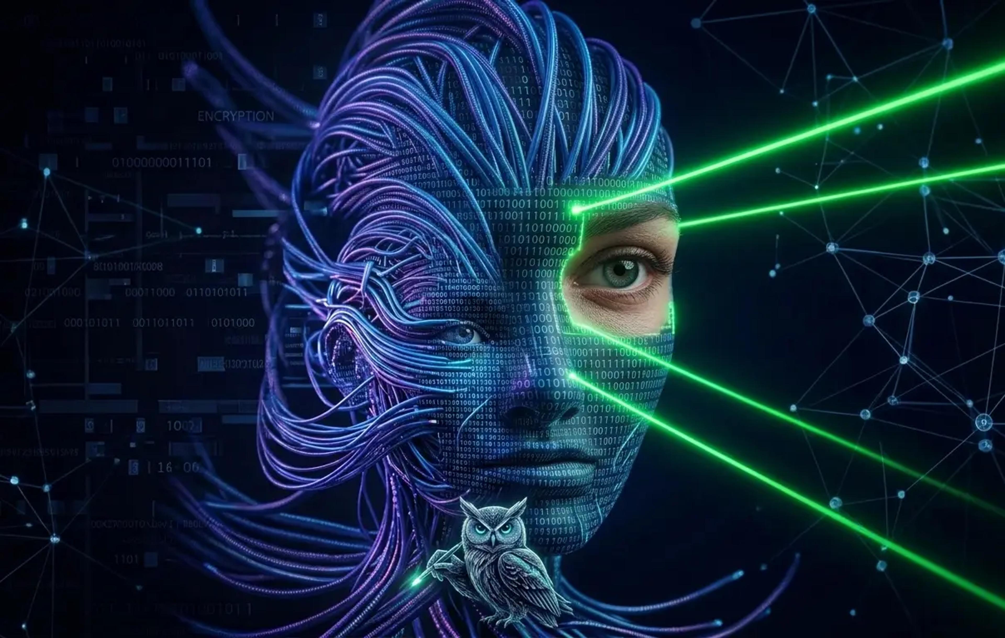 A conceptual cinematic close-up of a digital female face constructed from glowing fiber-optic cables and intricate code. A precision neon laser scans across, stripping away the data to reveal a photorealistic human eye and skin underneath. The dark background with blue and violet lighting emphasizes cybersecurity and AI de-anonymization themes.