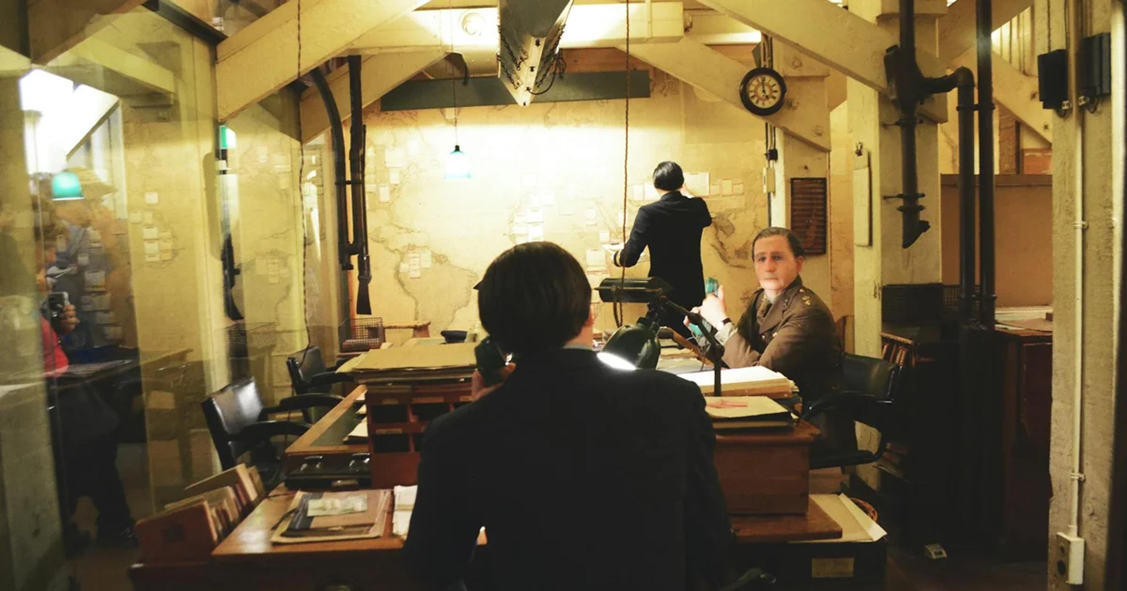 Artificial intelligence integrated military operations center with advanced displays and autonomous systems