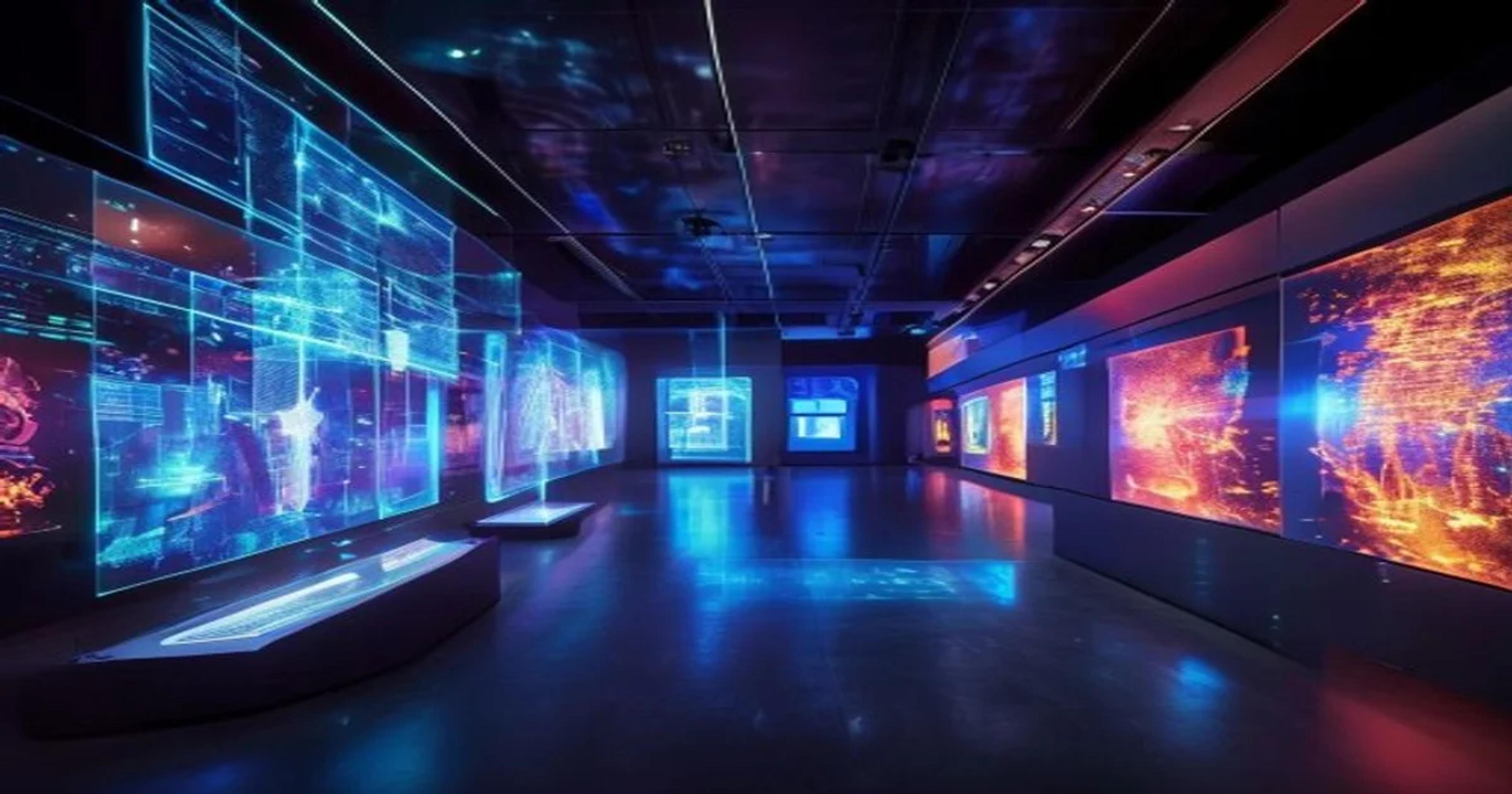 A futuristic museum interior with AI-powered interactive digital displays and holographic art exhibits.