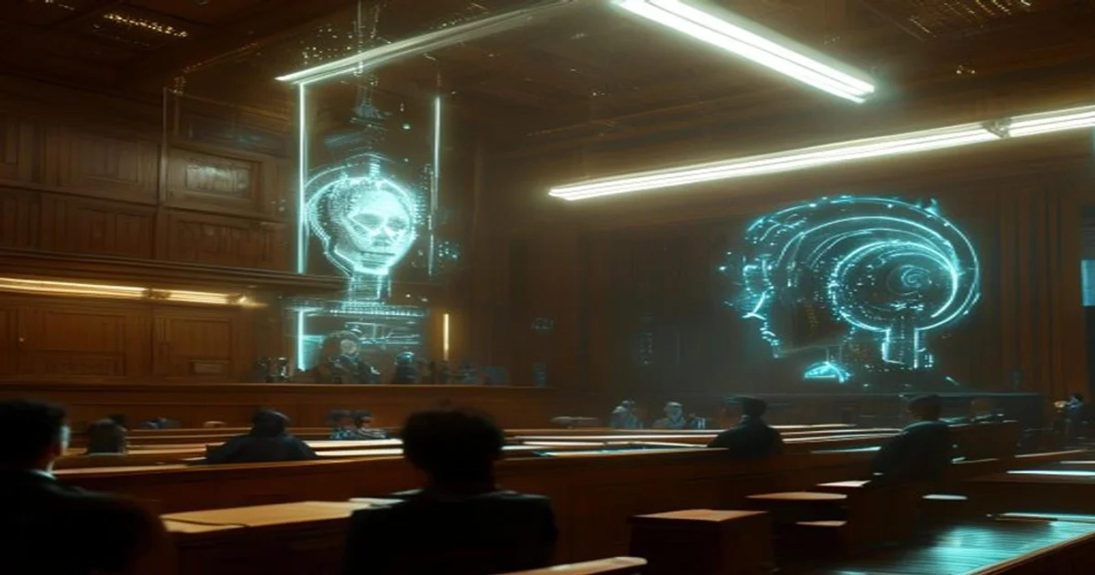 An AI agent representing its own interests in a digital courtroom setting, symbolizing speech rights.