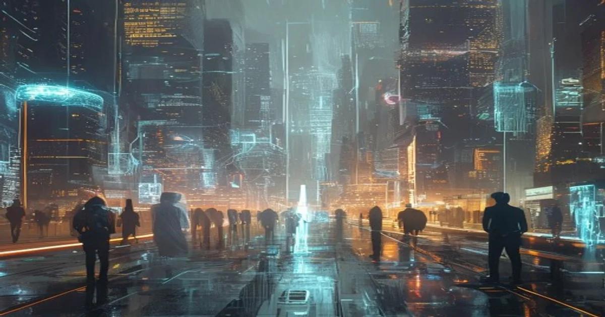 A conceptual image illustrating human interaction with advanced AI systems in a future cityscape, symbolizing redefined human roles.