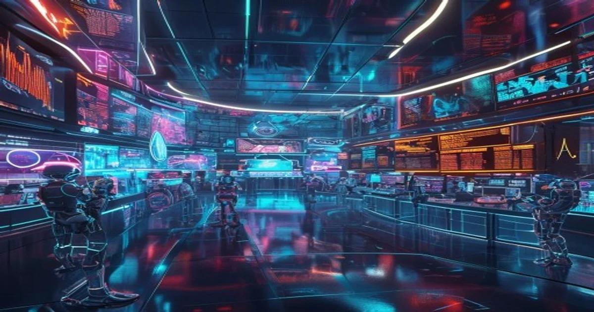 A high-tech trading floor demonstrating AI algorithmic trading with complex data visualizations and automated systems.