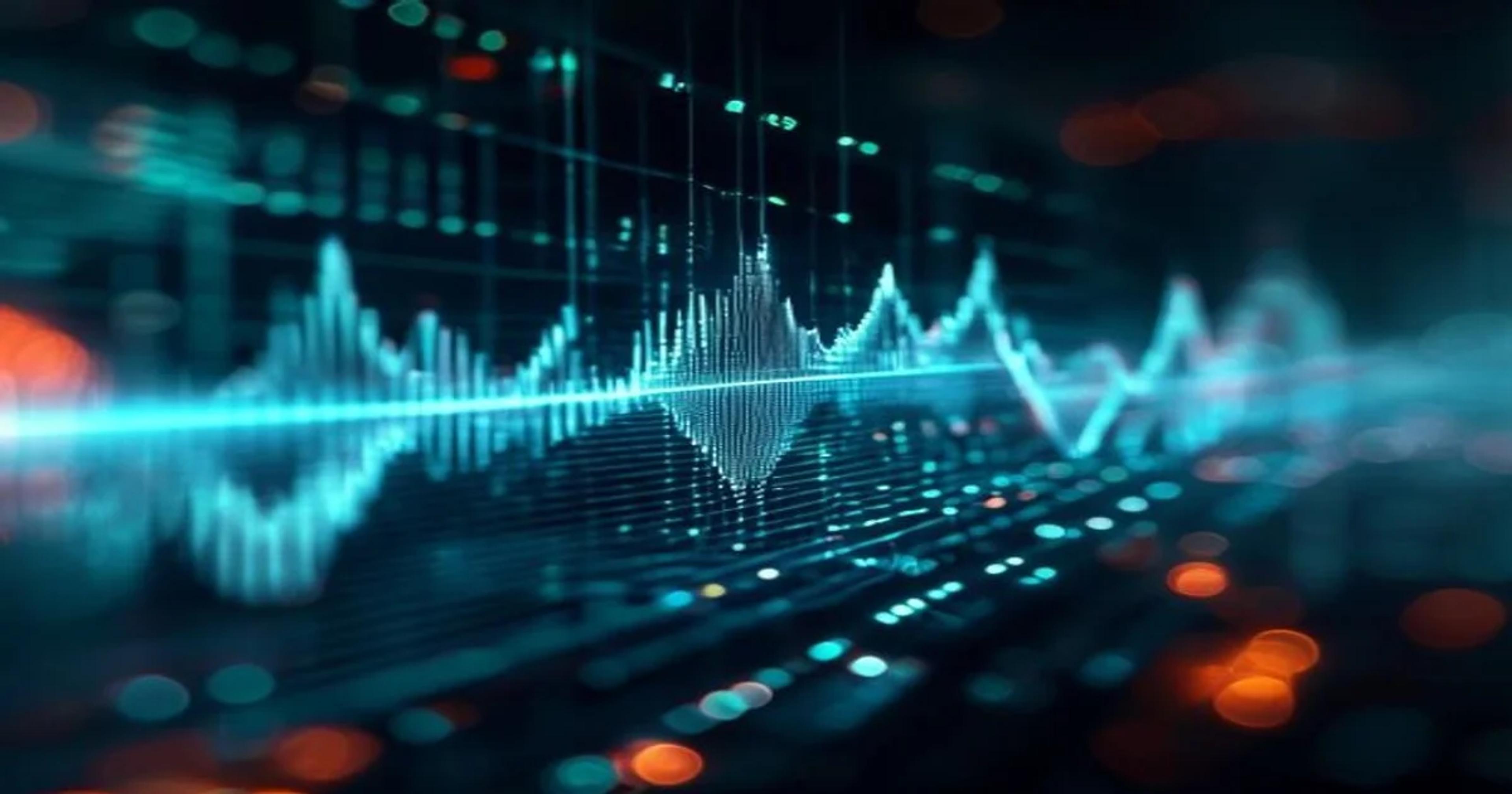 Digital representation of forensic phonetic authentication analysis showing sound waves and data points.