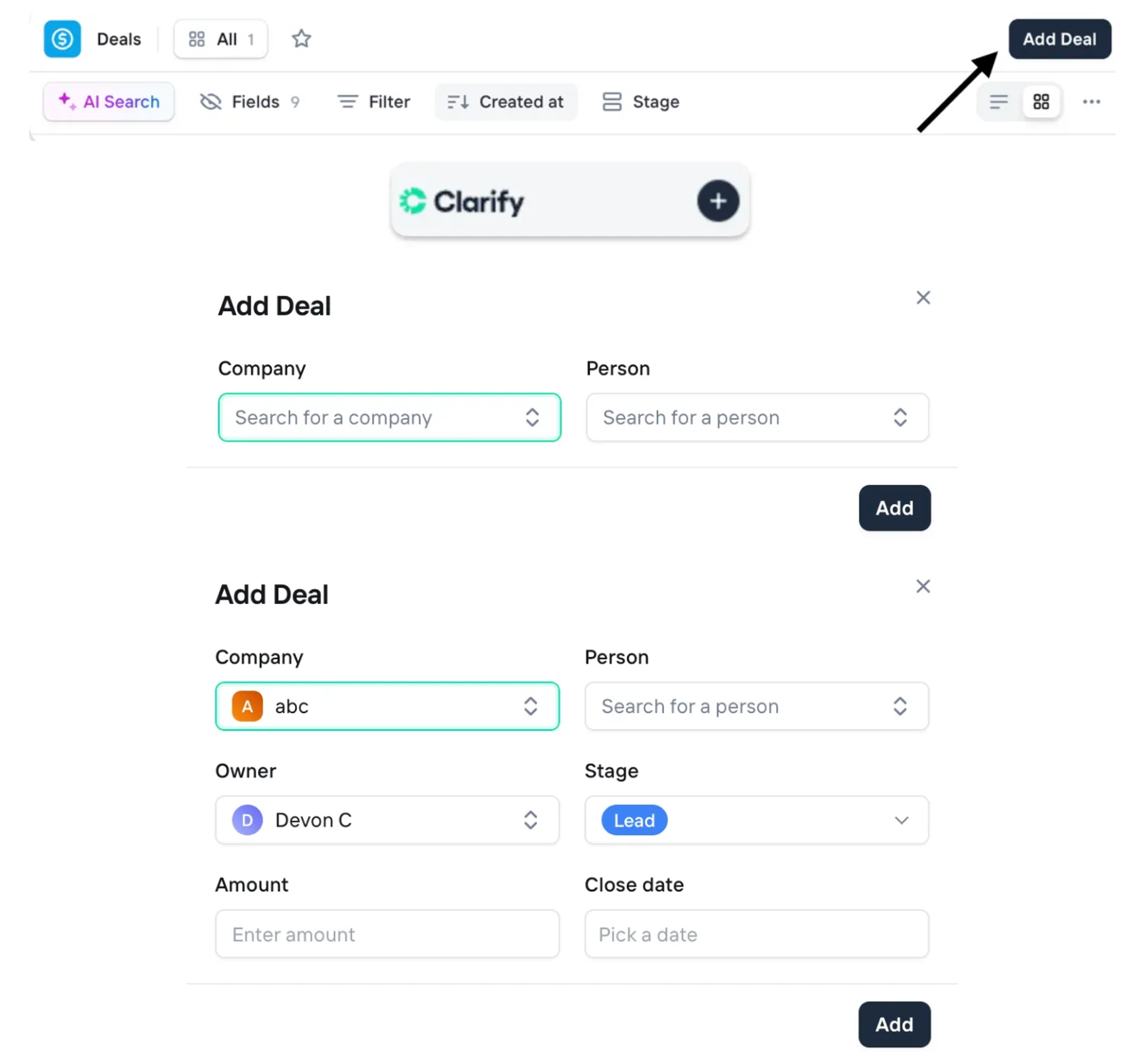 Adding a deal record to the system