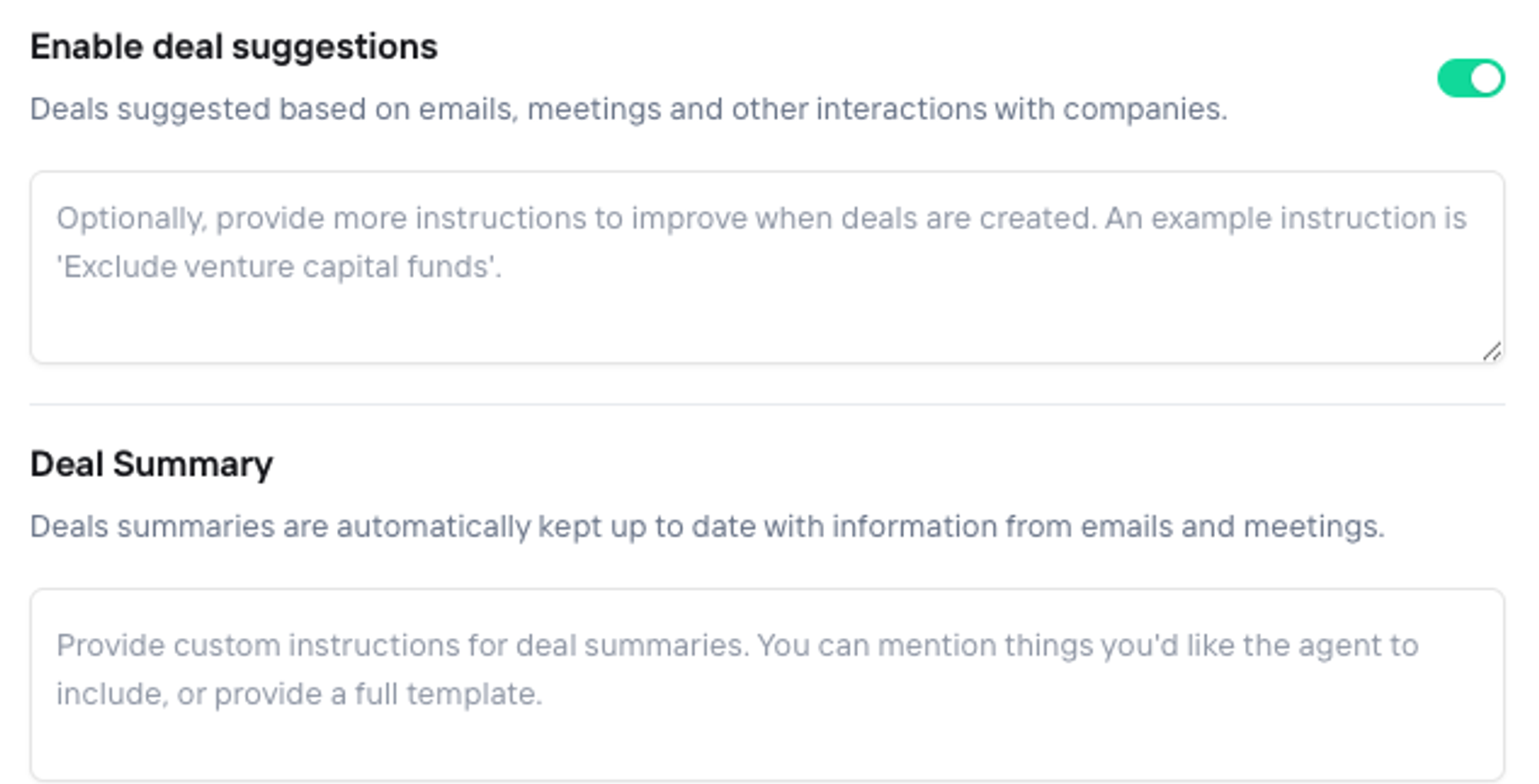 Example deal suggestion and deal summary setting