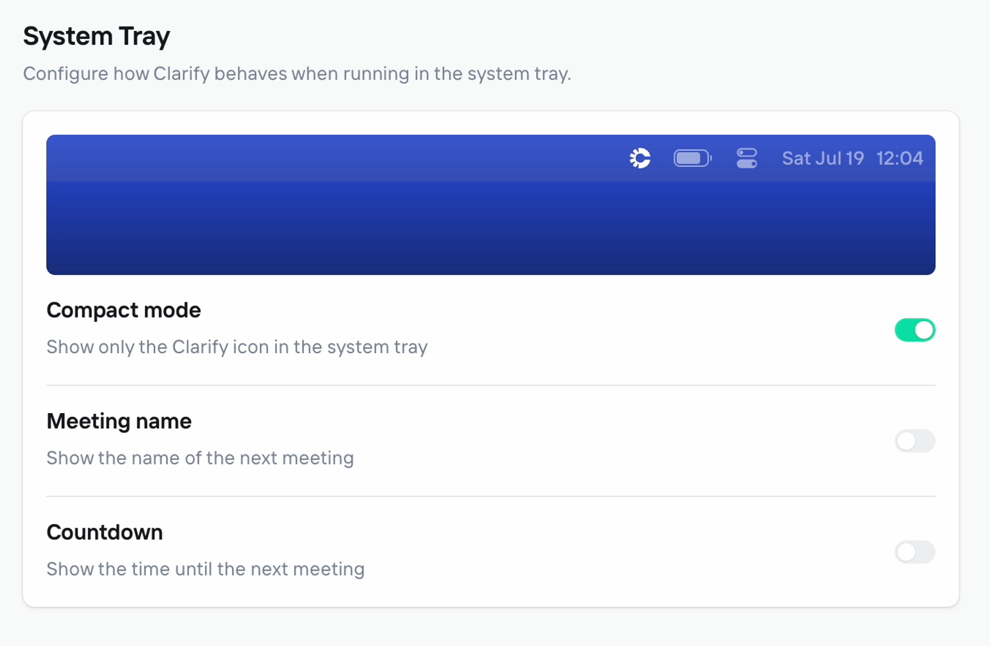 System Tray Settings panel