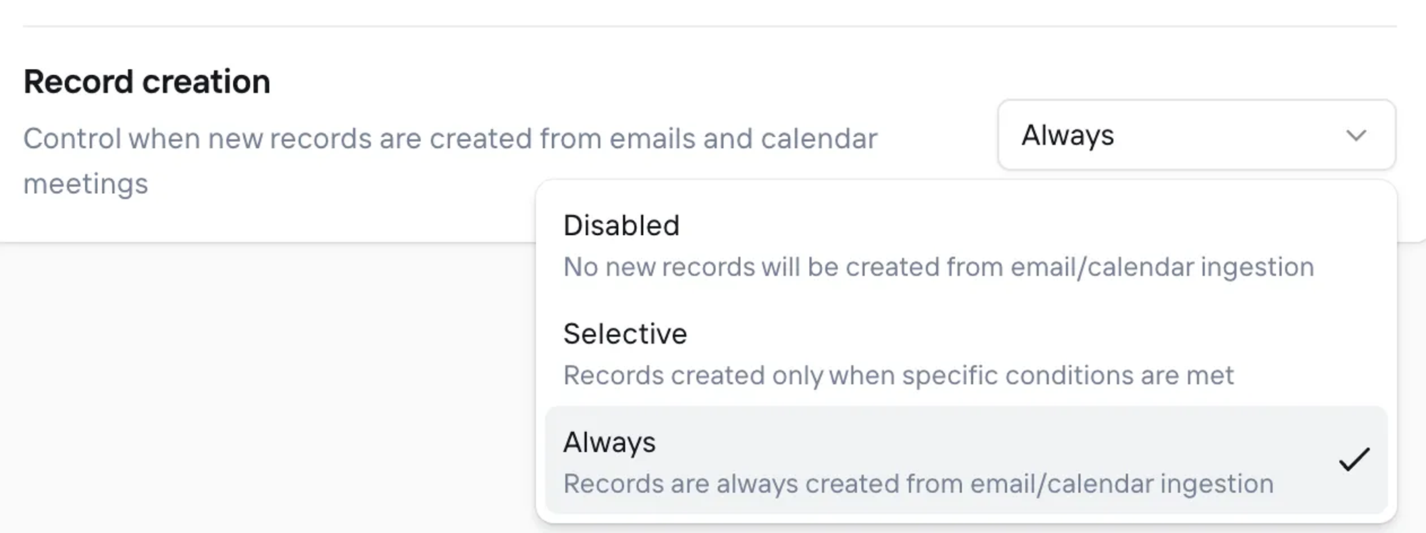 Record creation settings
