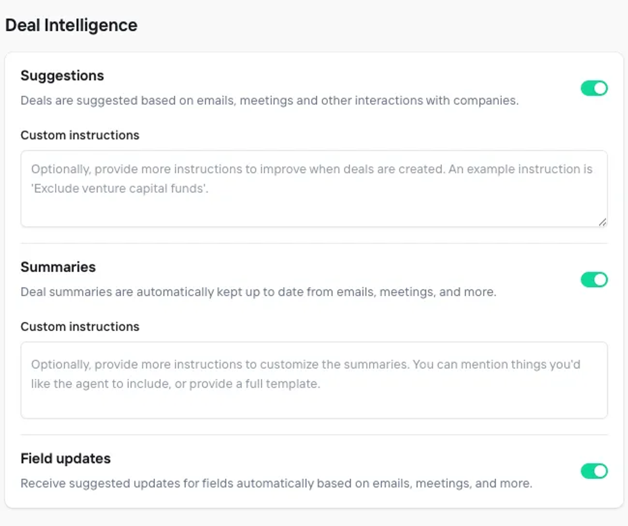 Turning deal intelligence on and off