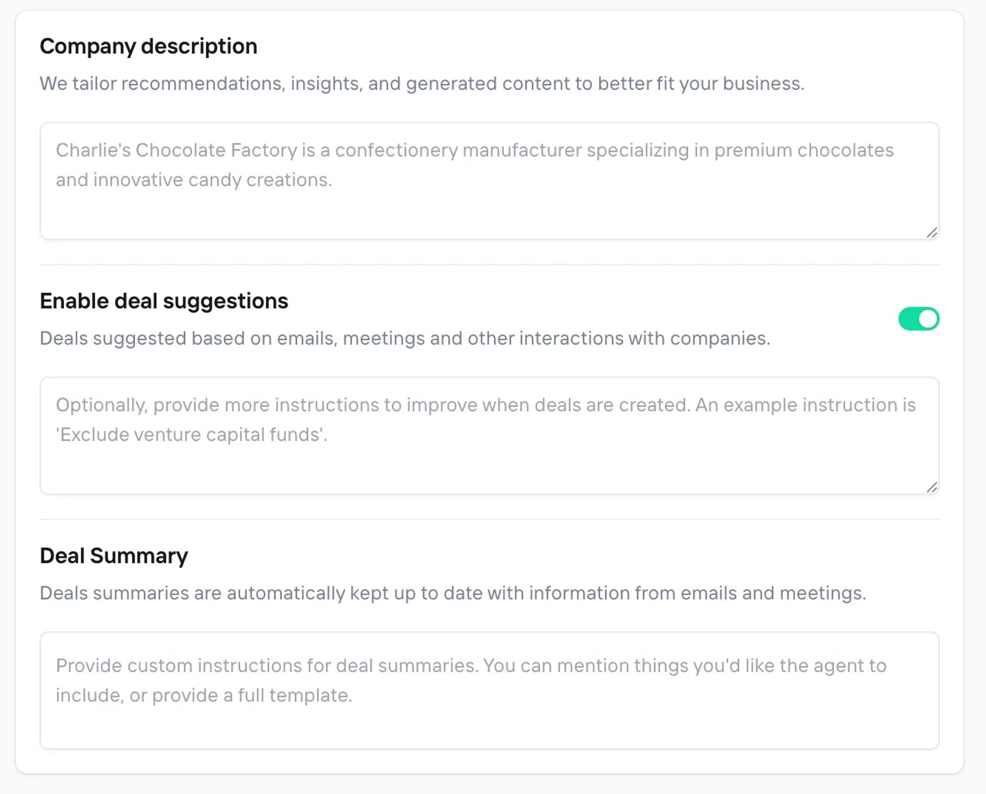 General setting page (Company description, Deal suggestions and Deal summary)