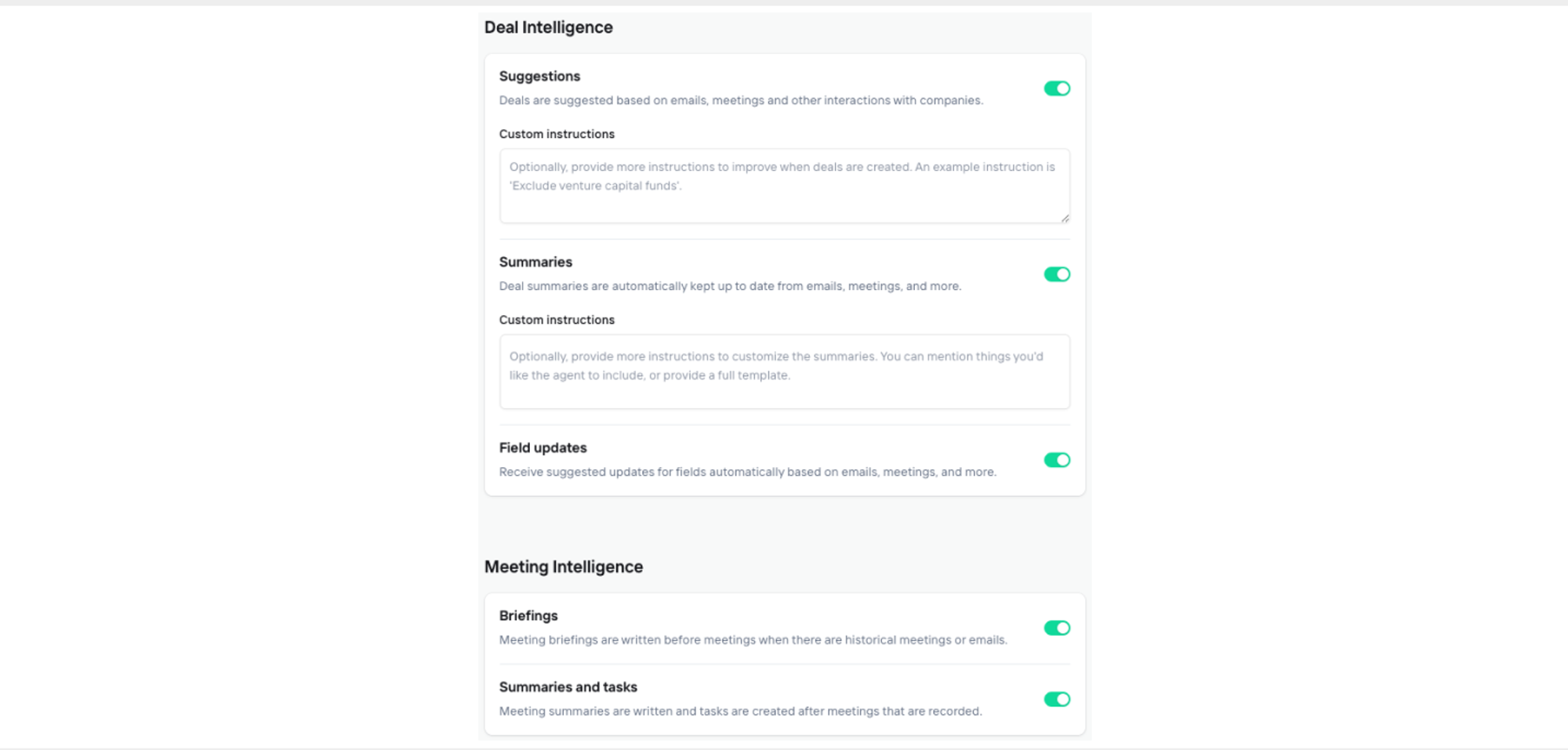 Deal and meeting intelligence settings