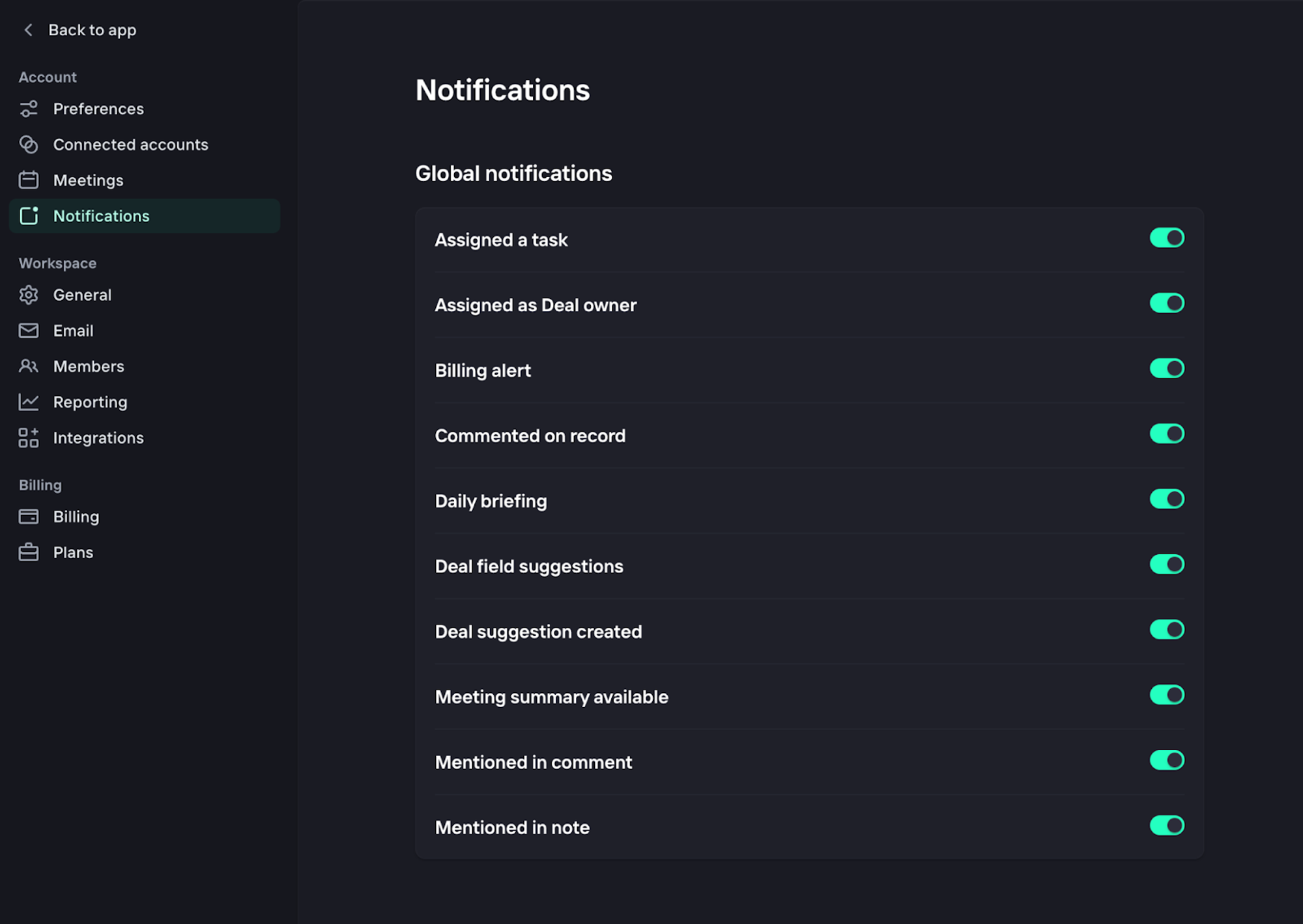Notification settings in dark mode