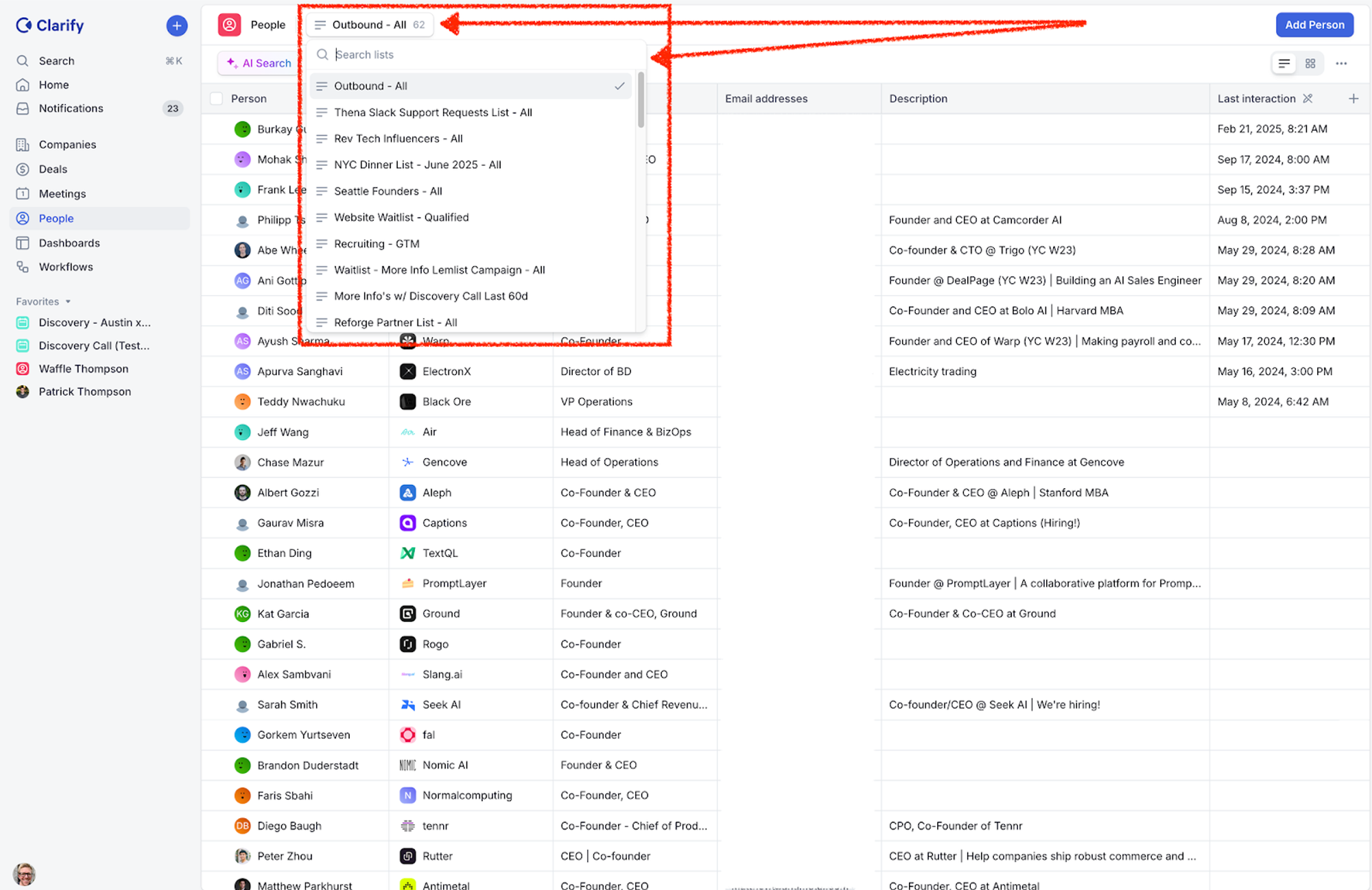 List accessed through a dropdown menu