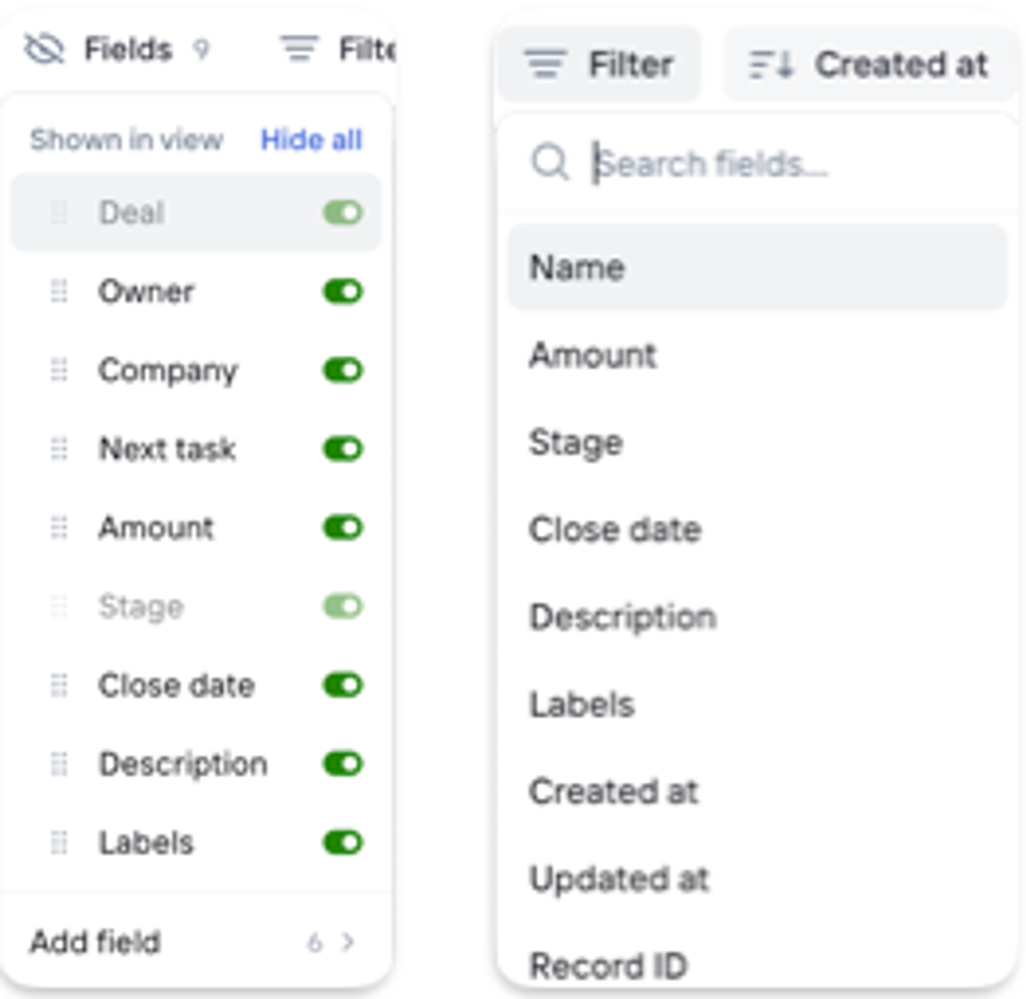 Deal fields and filters within lists and pipeline view
