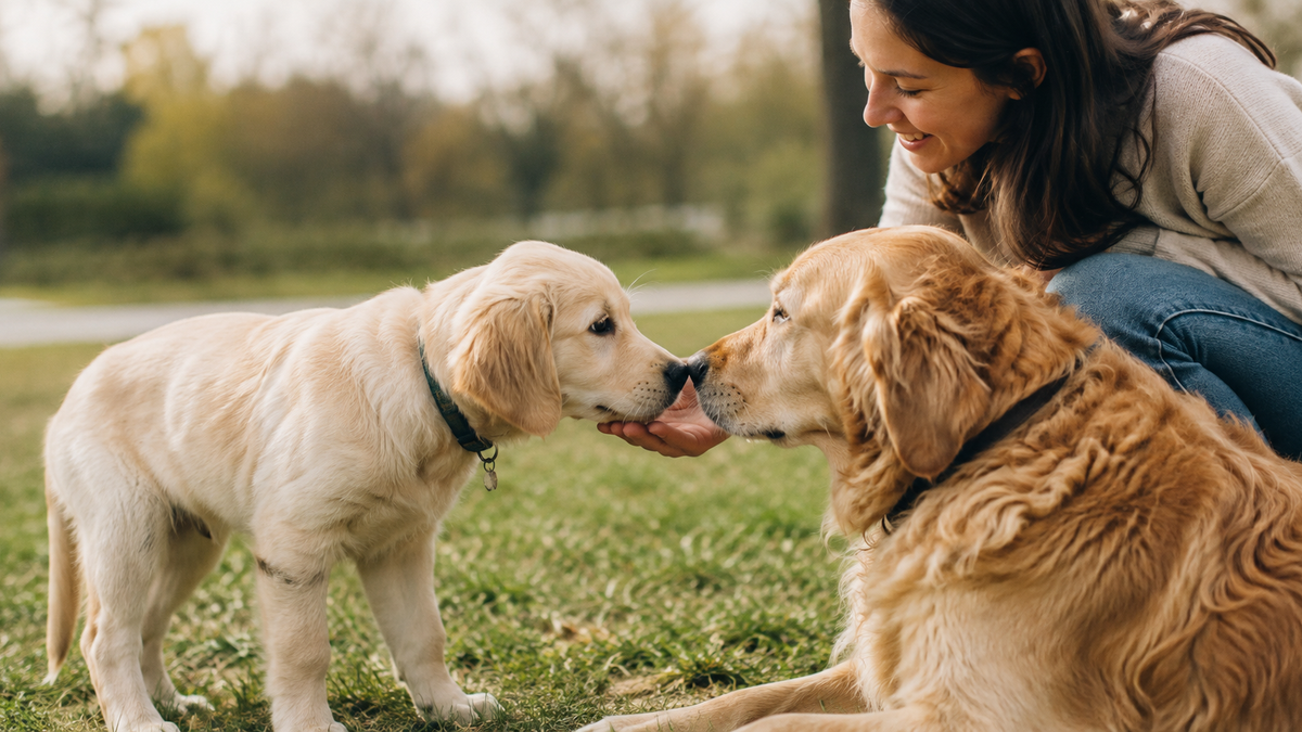 Un chiot renifle calmement un autre chien lors d'une promenade, illustrant une première rencontre sereine entre deux chiens.