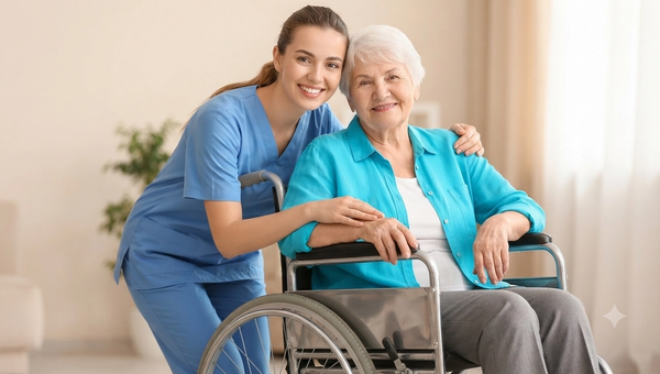 Professional caregiver and smiling senior woman in a modern care home in Chennai