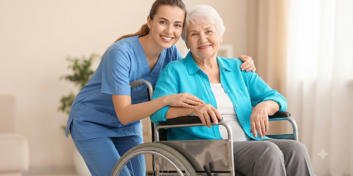 Professional caregiver and smiling senior woman in a modern care home in Chennai