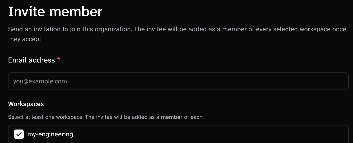Invite member screen displayes an email address, a selection of workspaces that can be added to the user specified.
