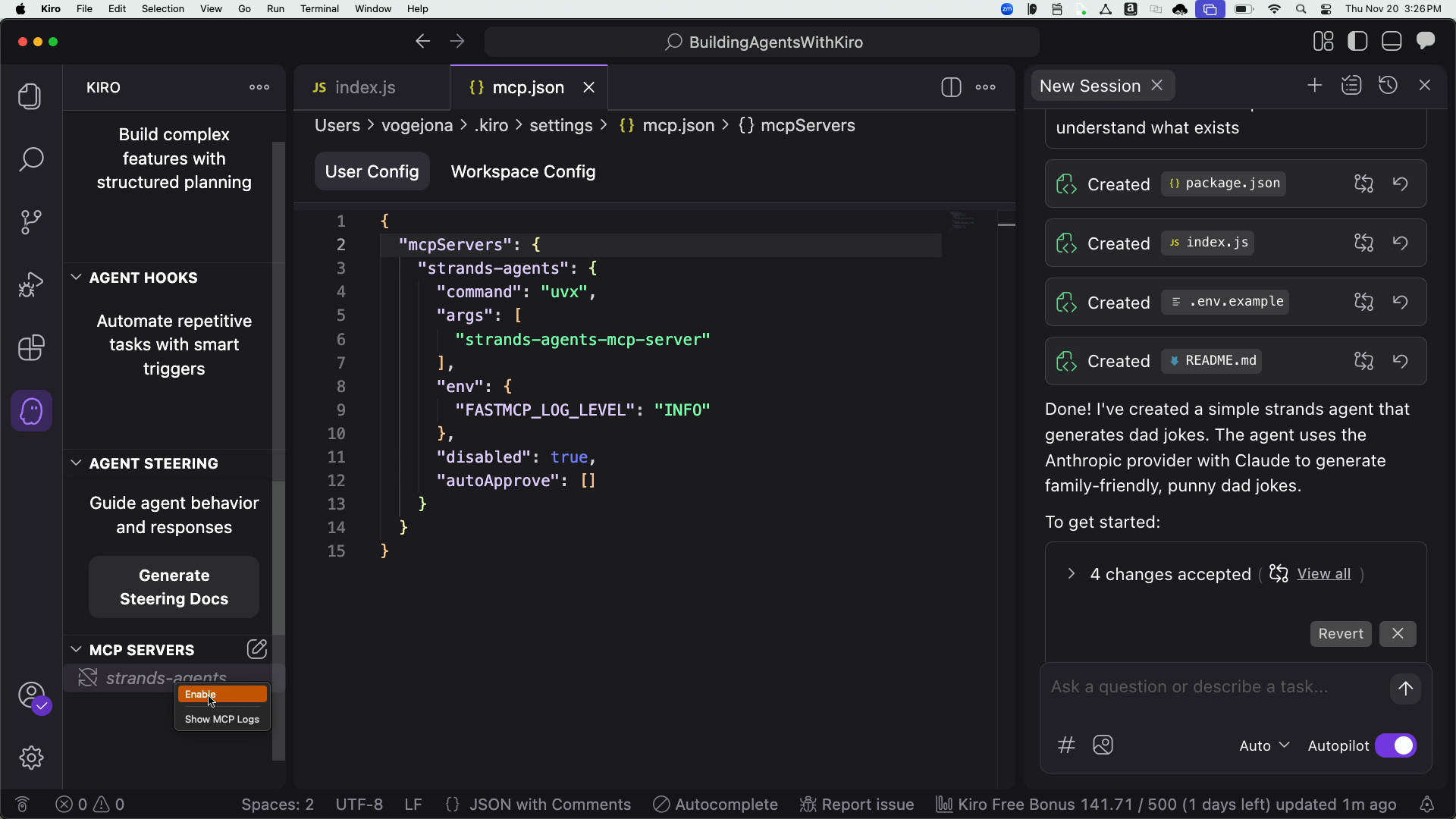 MCP server connection UI showing Strands Agent MCP server connected