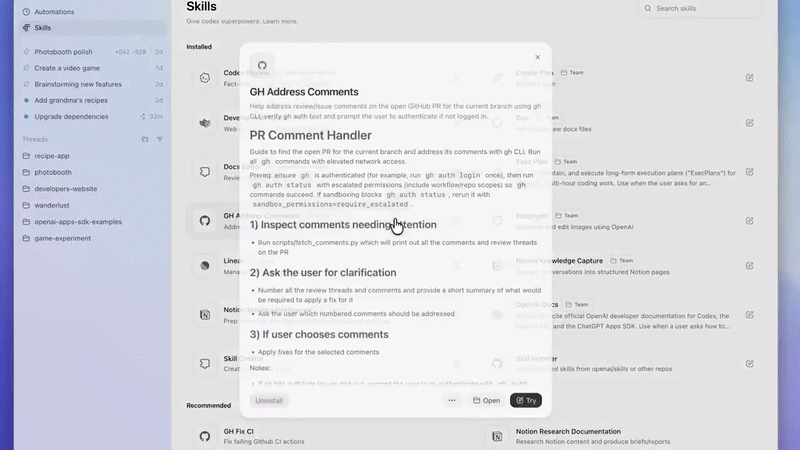 Accessing skills in Codex desktop app