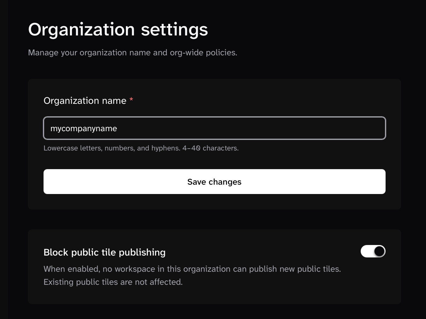 Organization settings displayes an organization name, the ability to save, and an option to block public tile publishing by toggling a selector.