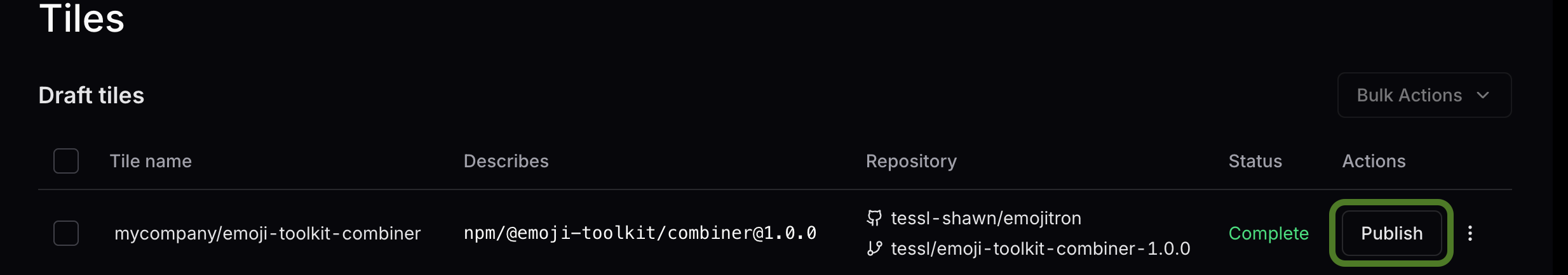 Click Publish next to the tile of interest.