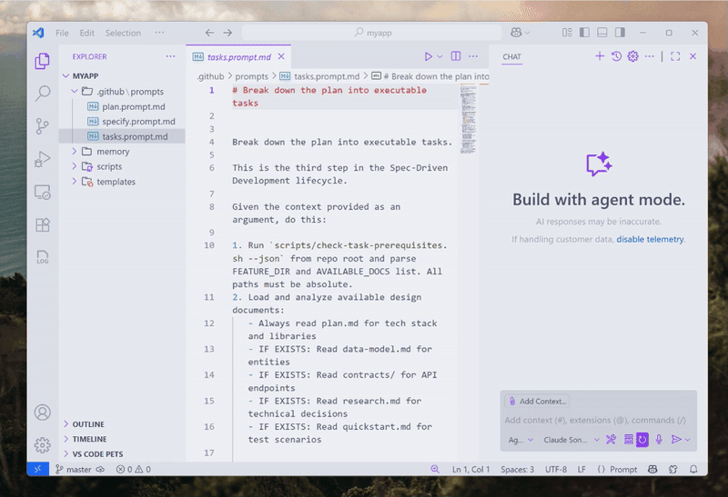 Editing a Spec Kit prompt file inside an AI-enabled editor