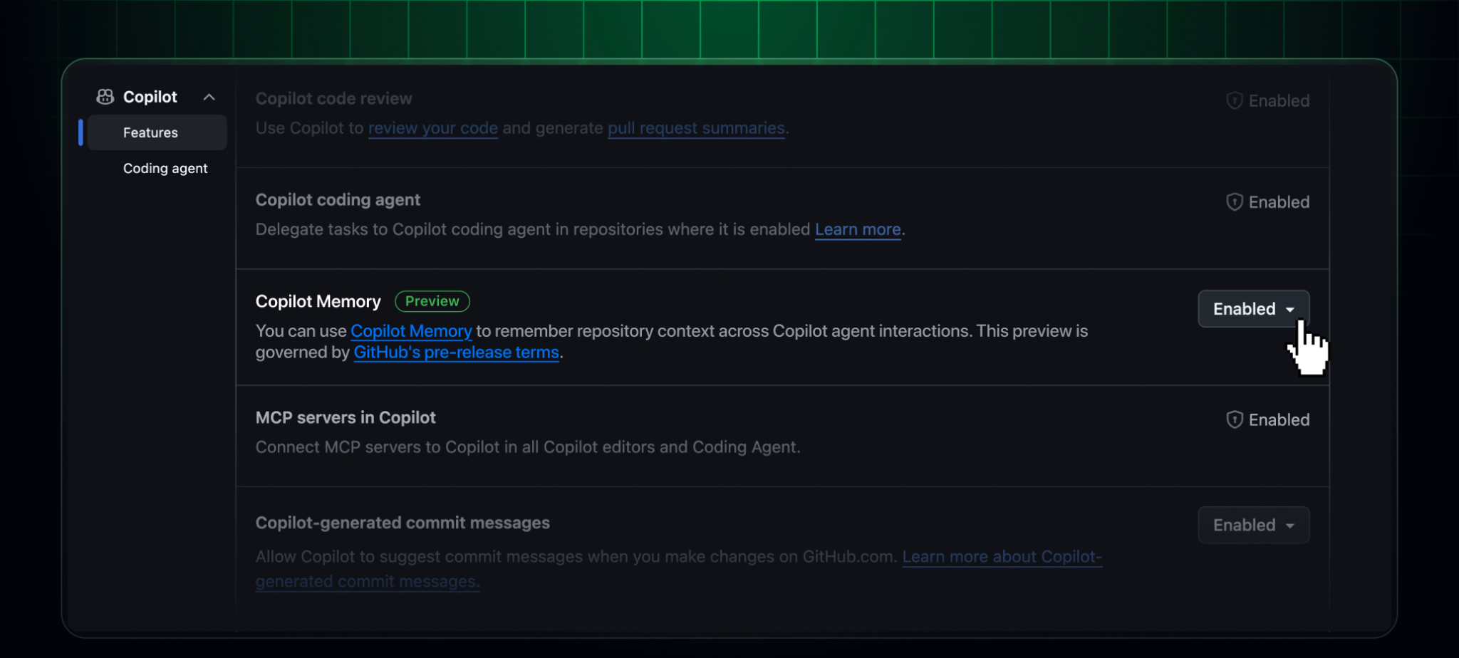 Activating Copilot Memory in GitHub