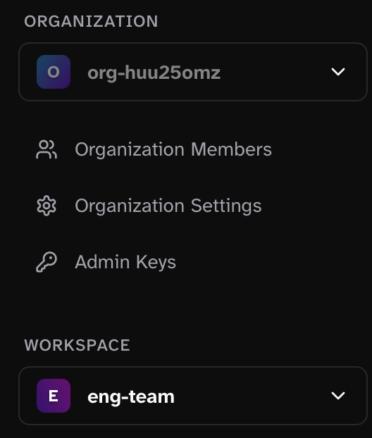 When the first workspace is created, a default organization will be displayed. This can be edited.