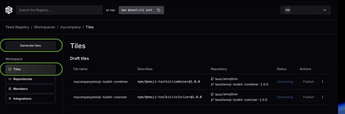 Navigate to the Tiles menu on the left and click Generate tile