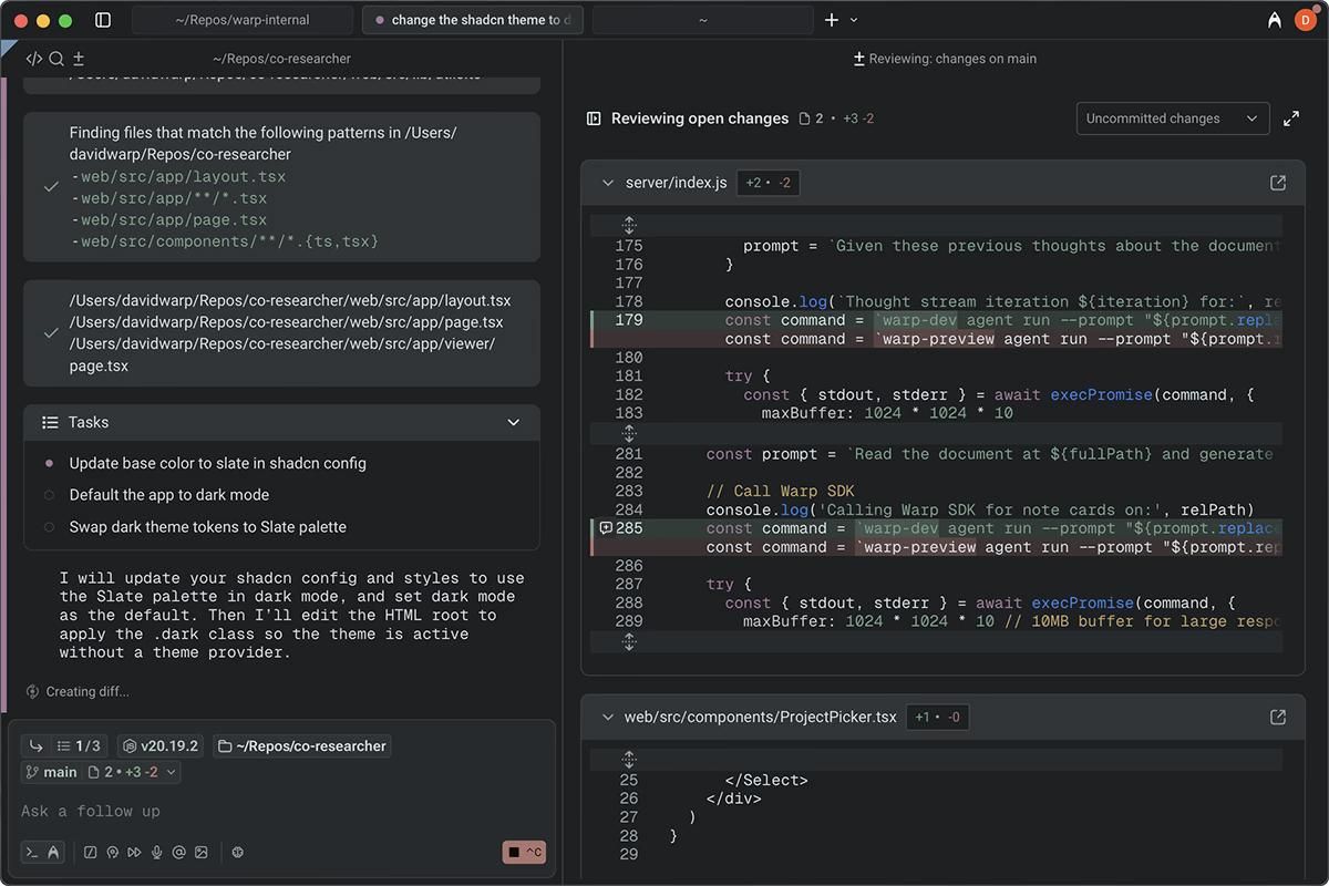 Inline code review panel in Warp Code
