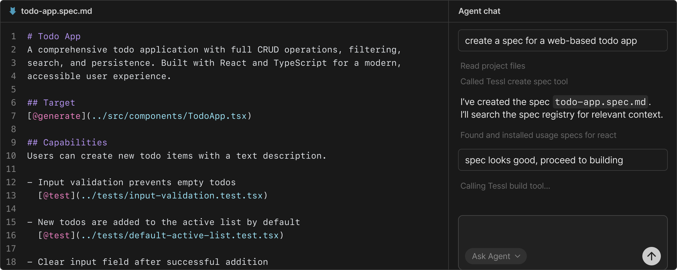 An image of a Tessl spec for a todo app with an agent chat on the right