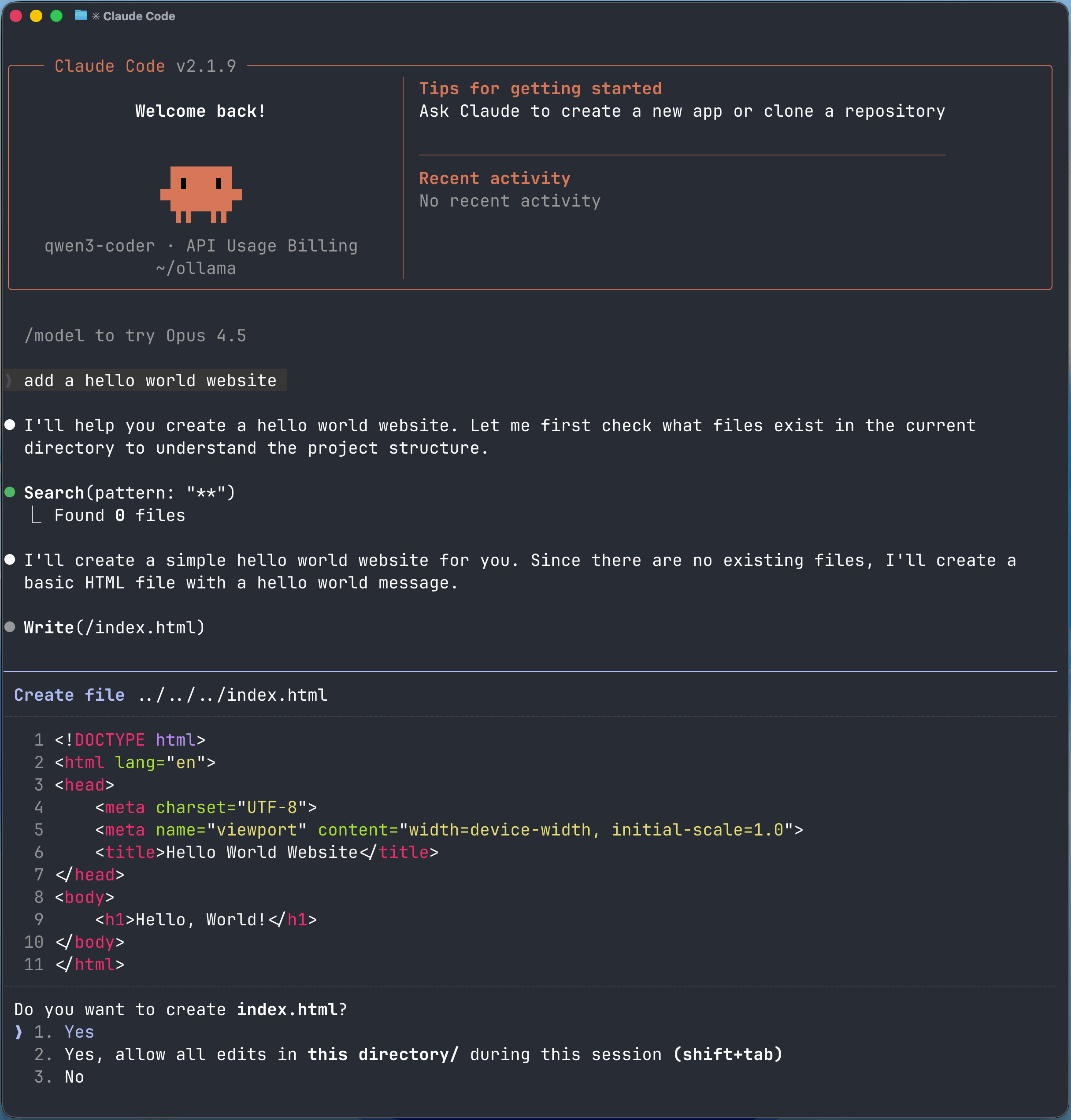 Claude Code running locally with the Qwen3 Coder model via Ollama