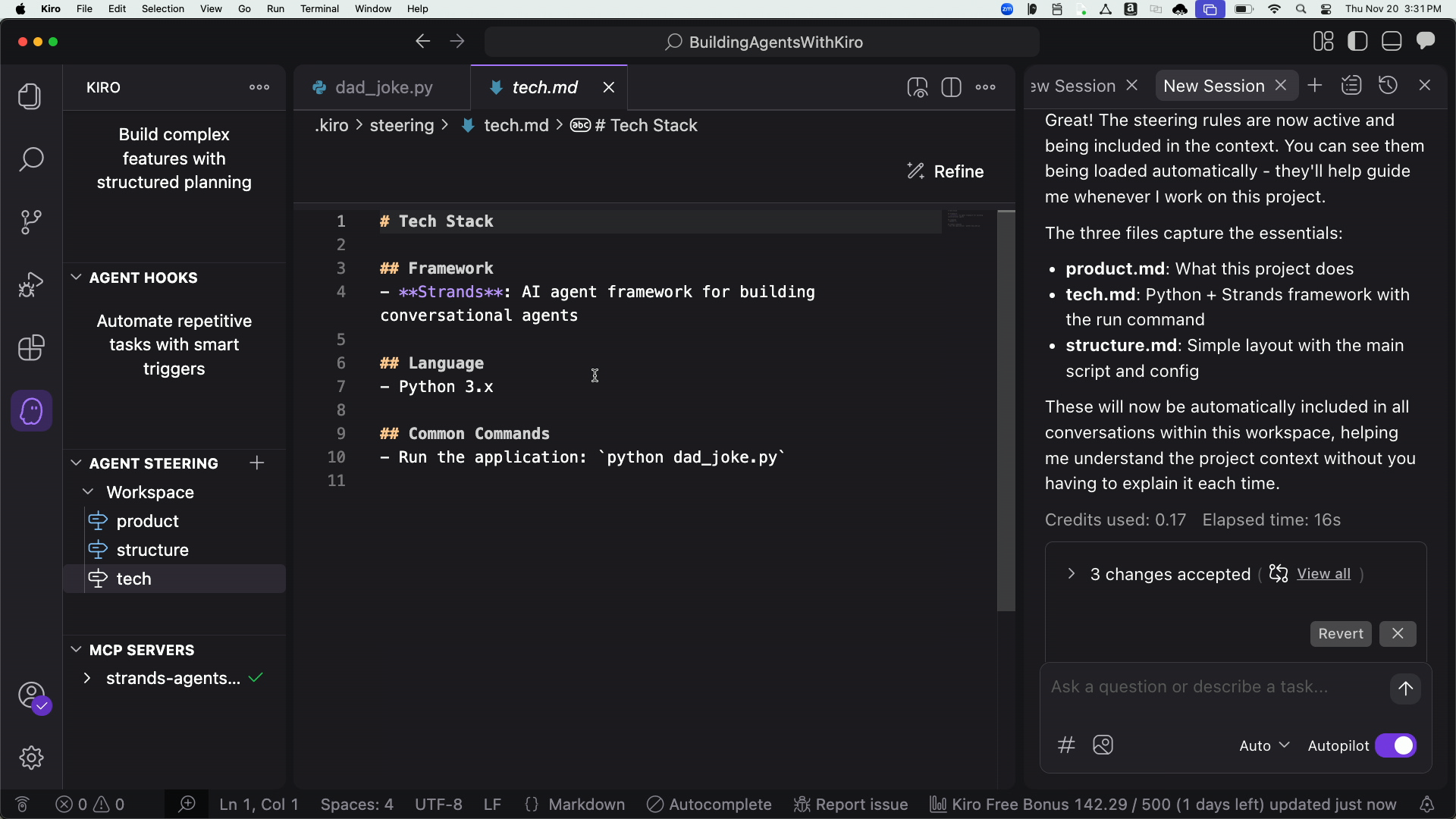 Example steering file in .kiro/steering/ showing YAML front matter and content
