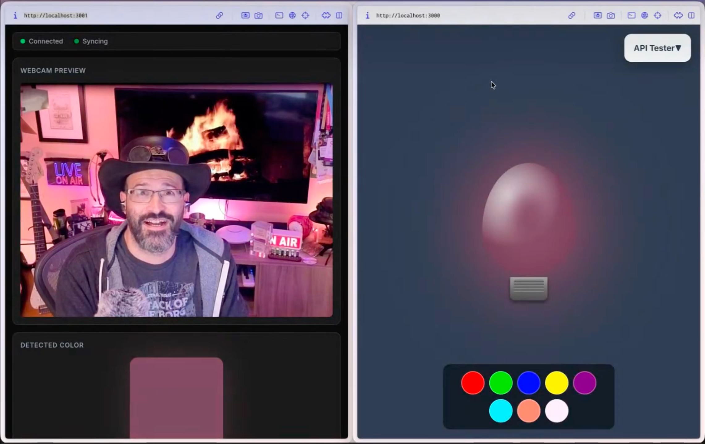 Final working app showing the webcam feed and connected bulb displaying a detected color]