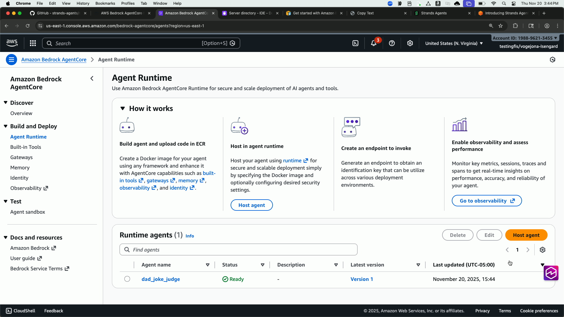 AWS Console showing the newly deployed AgentCore agent with timestamp