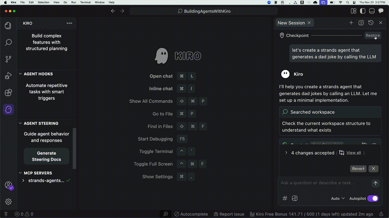 Kiro rollback/checkpoint UI showing the timeline and rolling back to a previous state