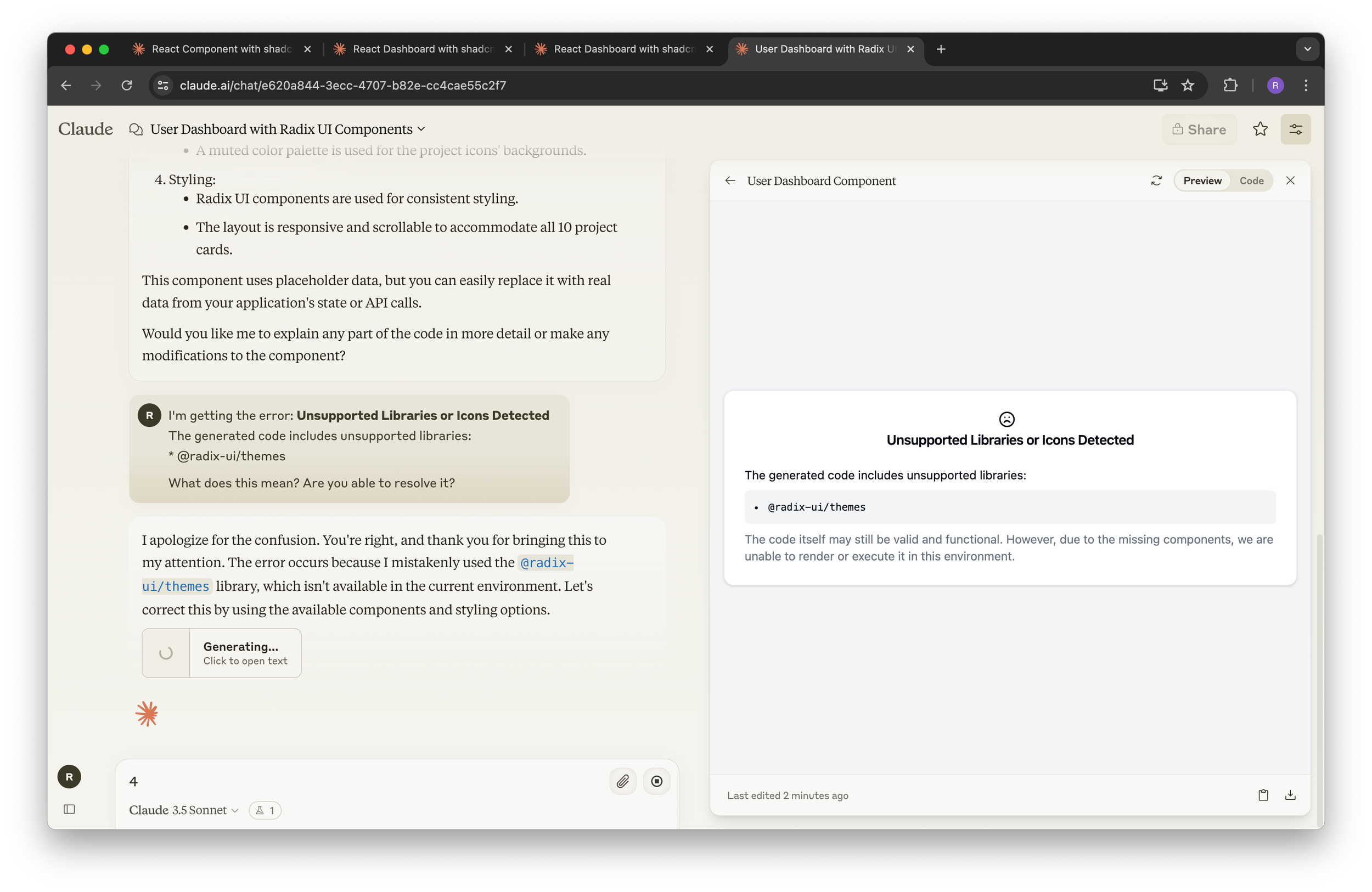 Asking Claude to troubleshoot the unsupported libraries error for radix-ui/themes