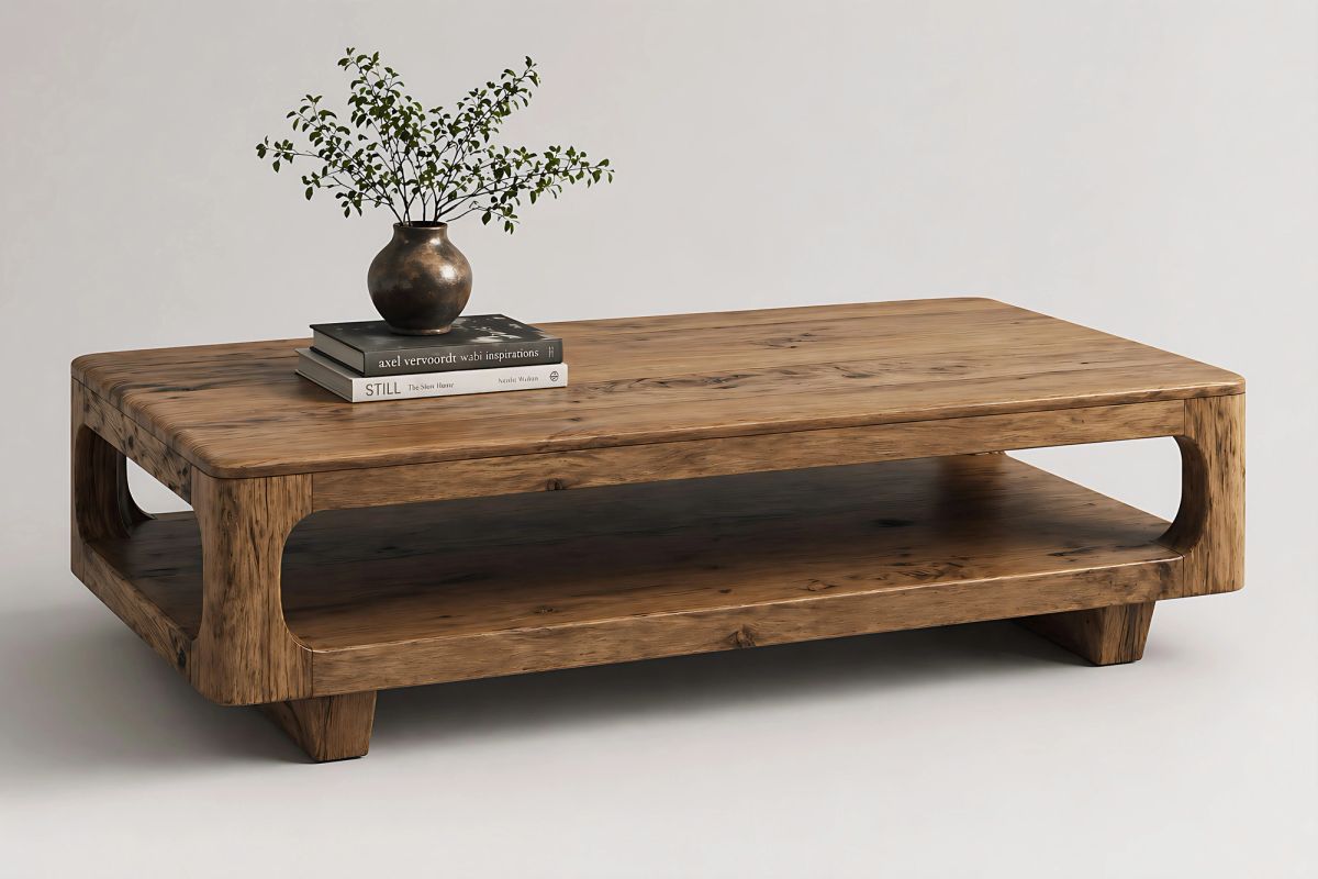 A solid walnut dining table with natural grain visible with vase and coffee table books