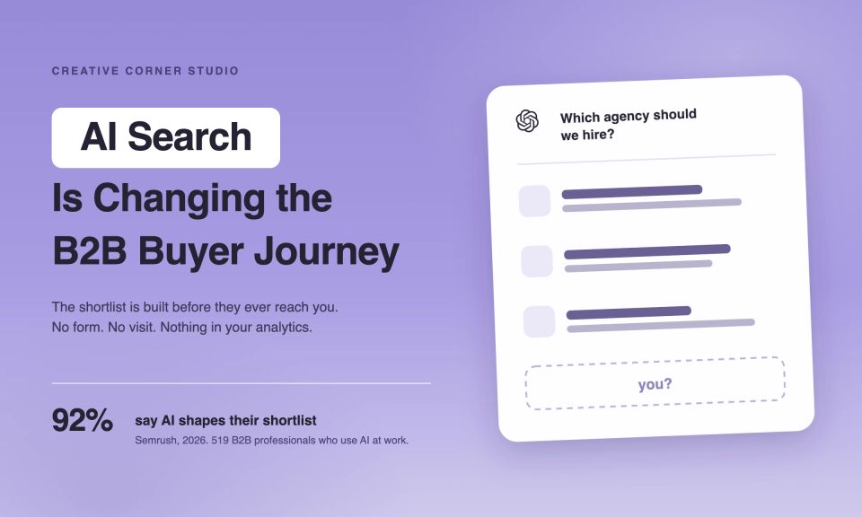 How AI search is changing the B2B buyer journey. A mock AI answer card listing three agencies and one empty slot labelled you?