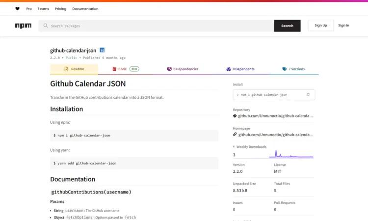 Github Calendar JSON preview
