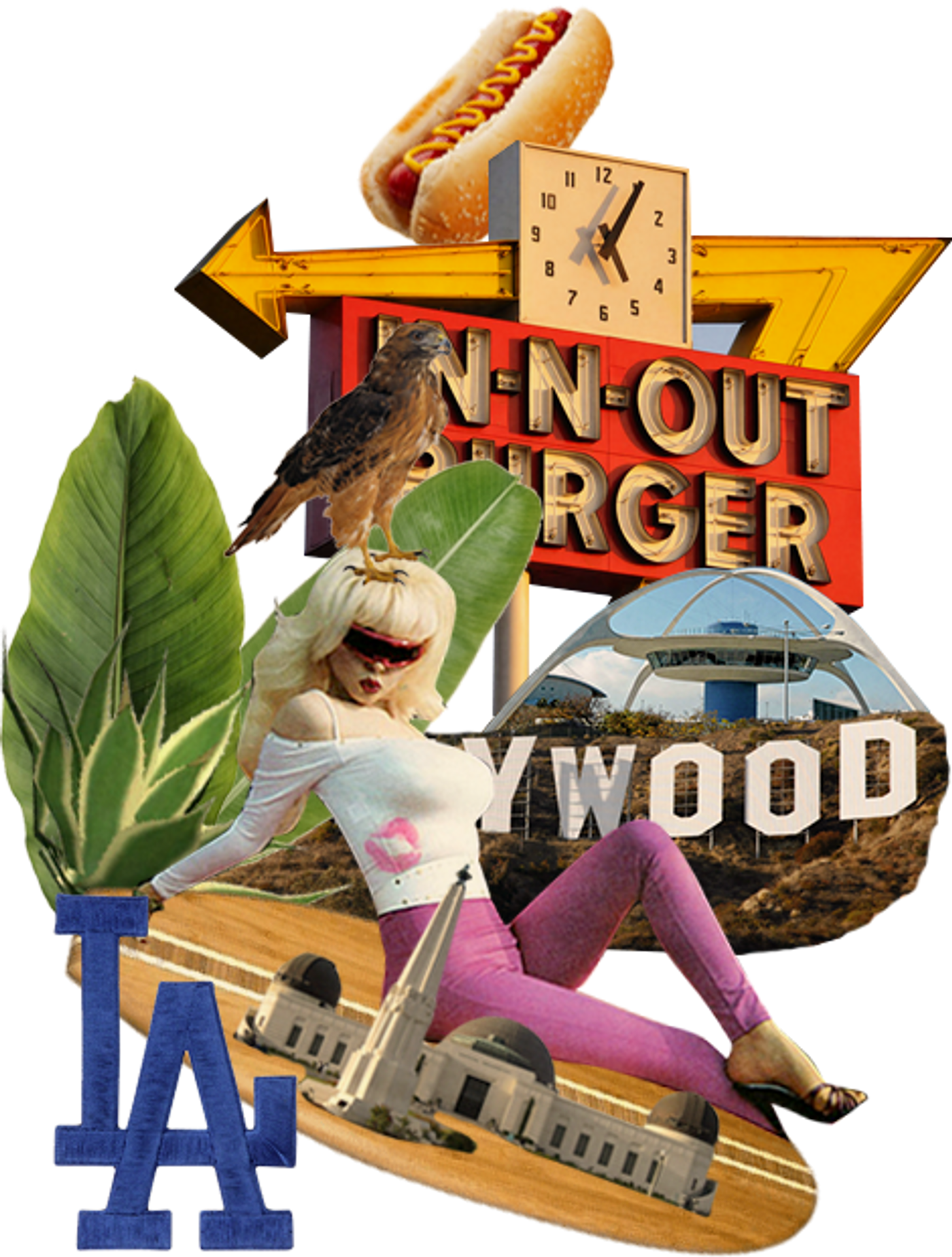 Collage of Los Angeles with surf board and hollywood sign.